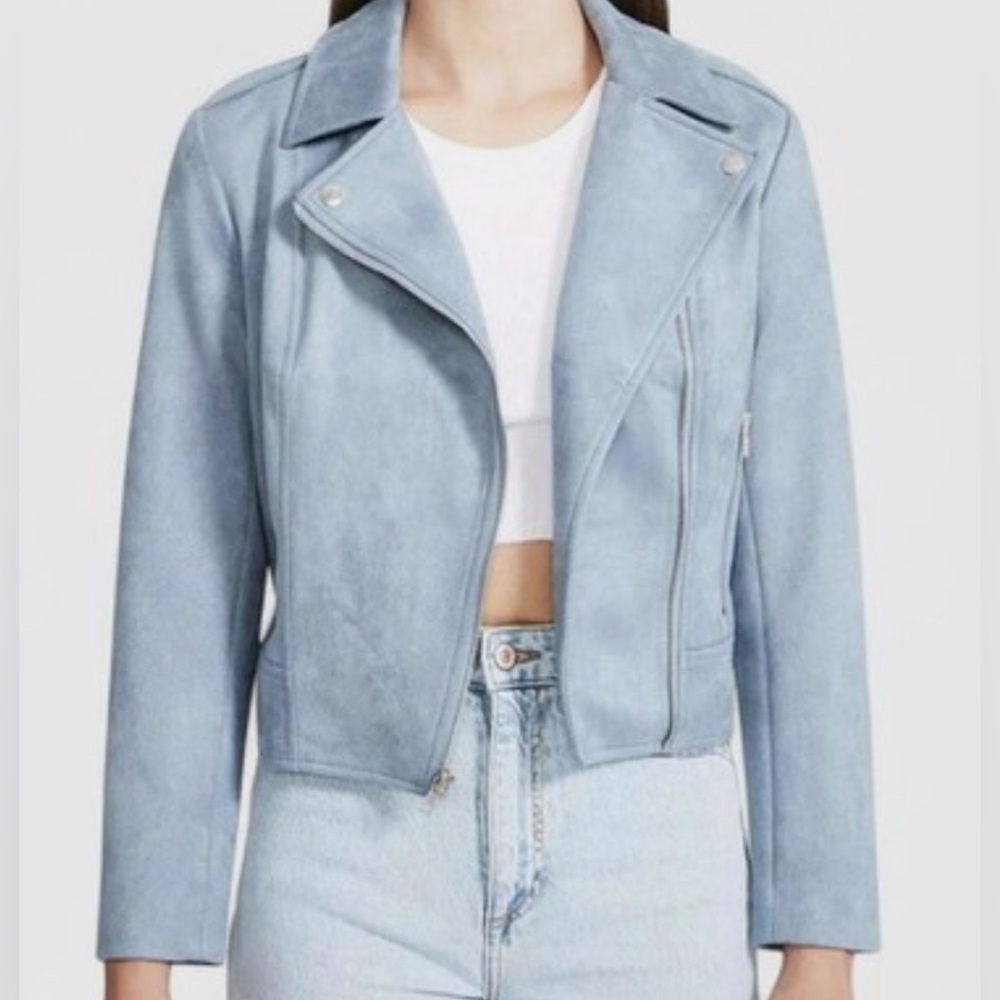B B DAKOTA, LT. BLUE, FAUX SUEDE, MOTO JACKET Medium